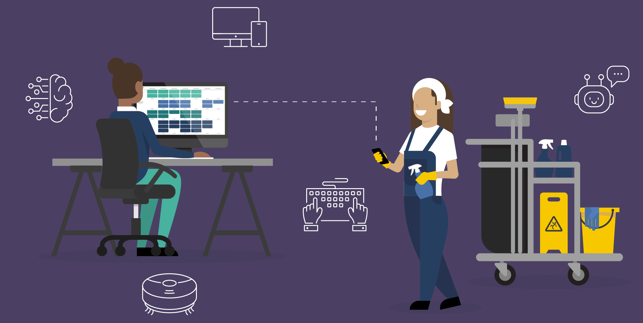 Illustration of a cleaning operative working with digital cleaning scheduling on a computer, while a cleaning assistent stands ready with cleaning equipment and a mobile phone.