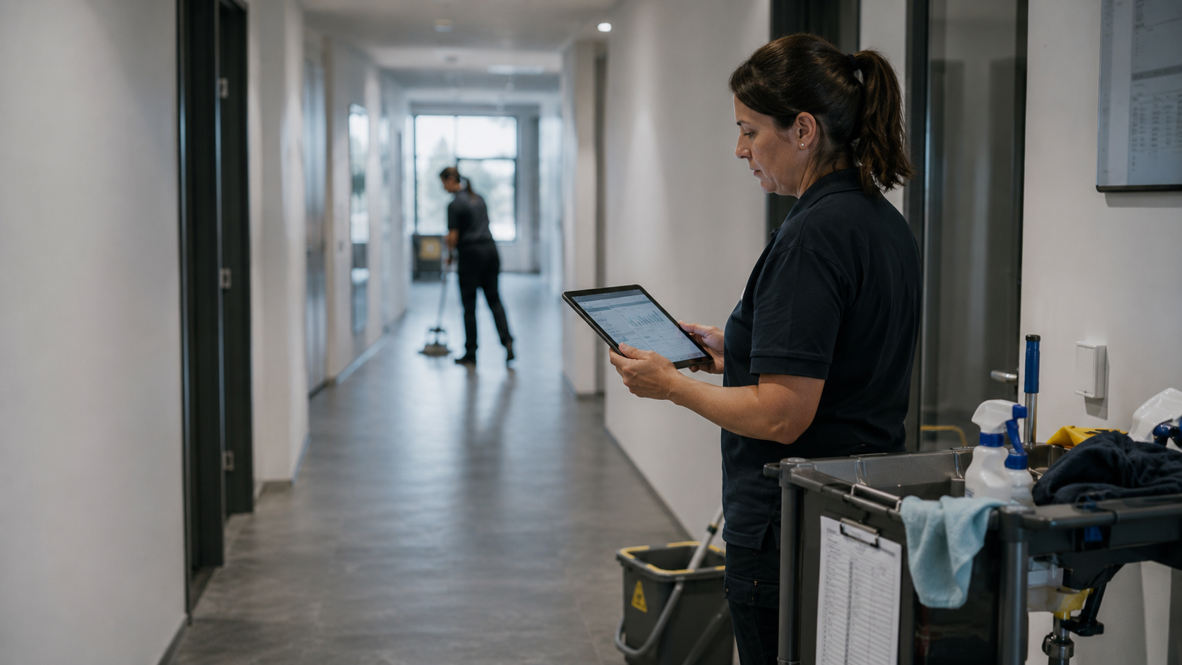 Cleaner checks a tablet beside a cleaning trolley.