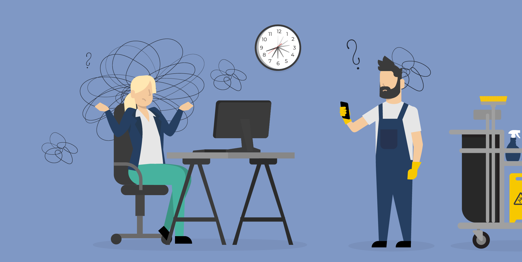 Confused office worker and cleaner with tangled thoughts, illustrating time loss and inefficiencies in cleaning operations