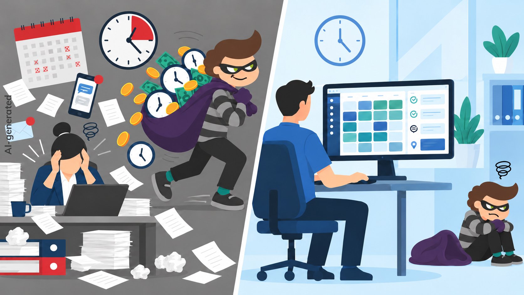 Comparison of time-consuming administration and efficient, digital planning in a cleaning business.