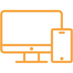 Orange coloured icon of a computer screen and a smartphone, showing social media as an advertising method.