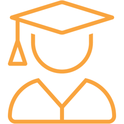 Orange coloured icon of a graduating student, which symbolises employee education.
