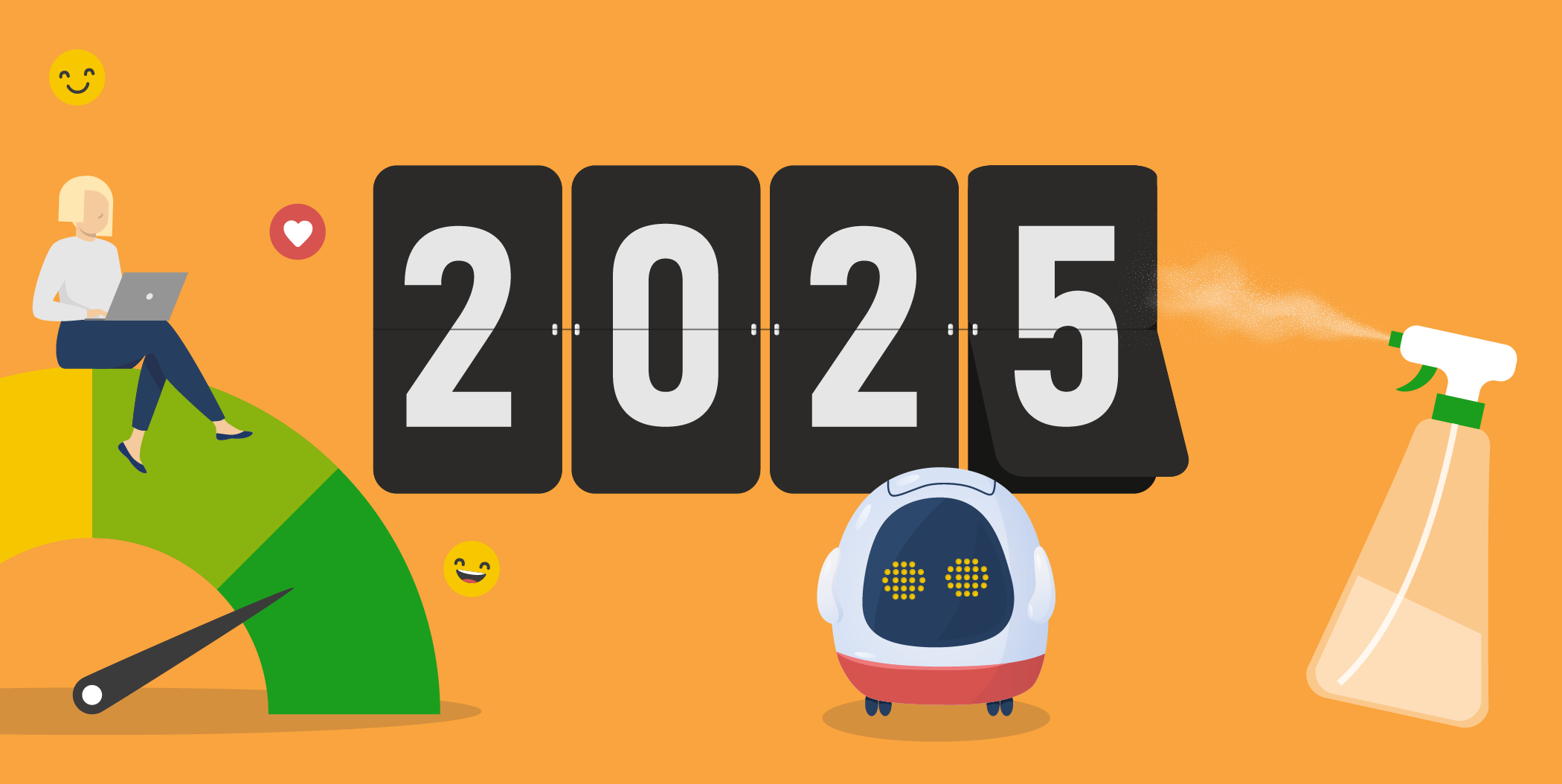 2025 in big letters with a spraybottle, robot and a satisfaction barometer, illustrating the trends in the cleaning industry in 2025.