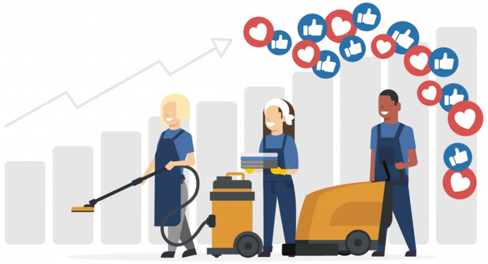 Three cleaning staff with machines in front of a rising bar chart, with likes and heart icons — illustrating growth, performance and positive feedback.