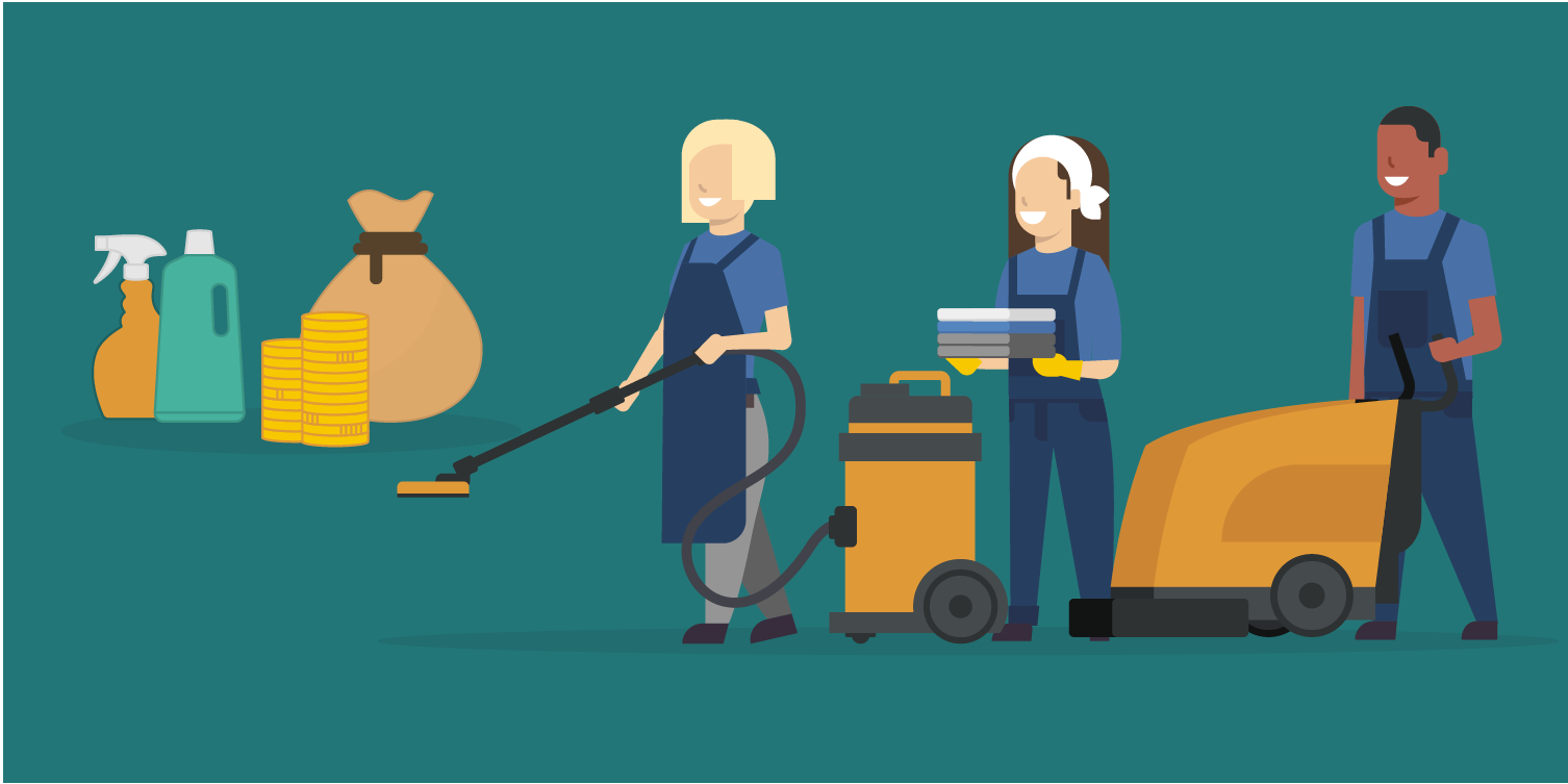 Cleaning staff with equipment, supplies, and money icons, representing cost and work