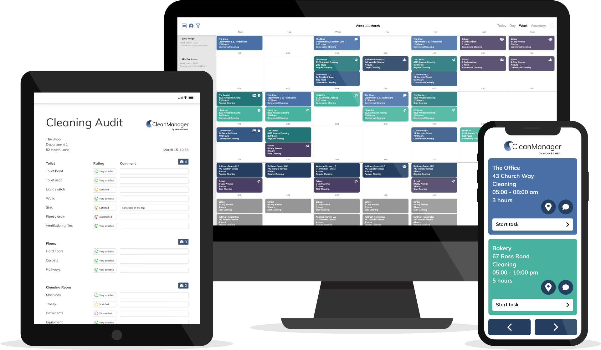 CleanManager Software system shown on different devices