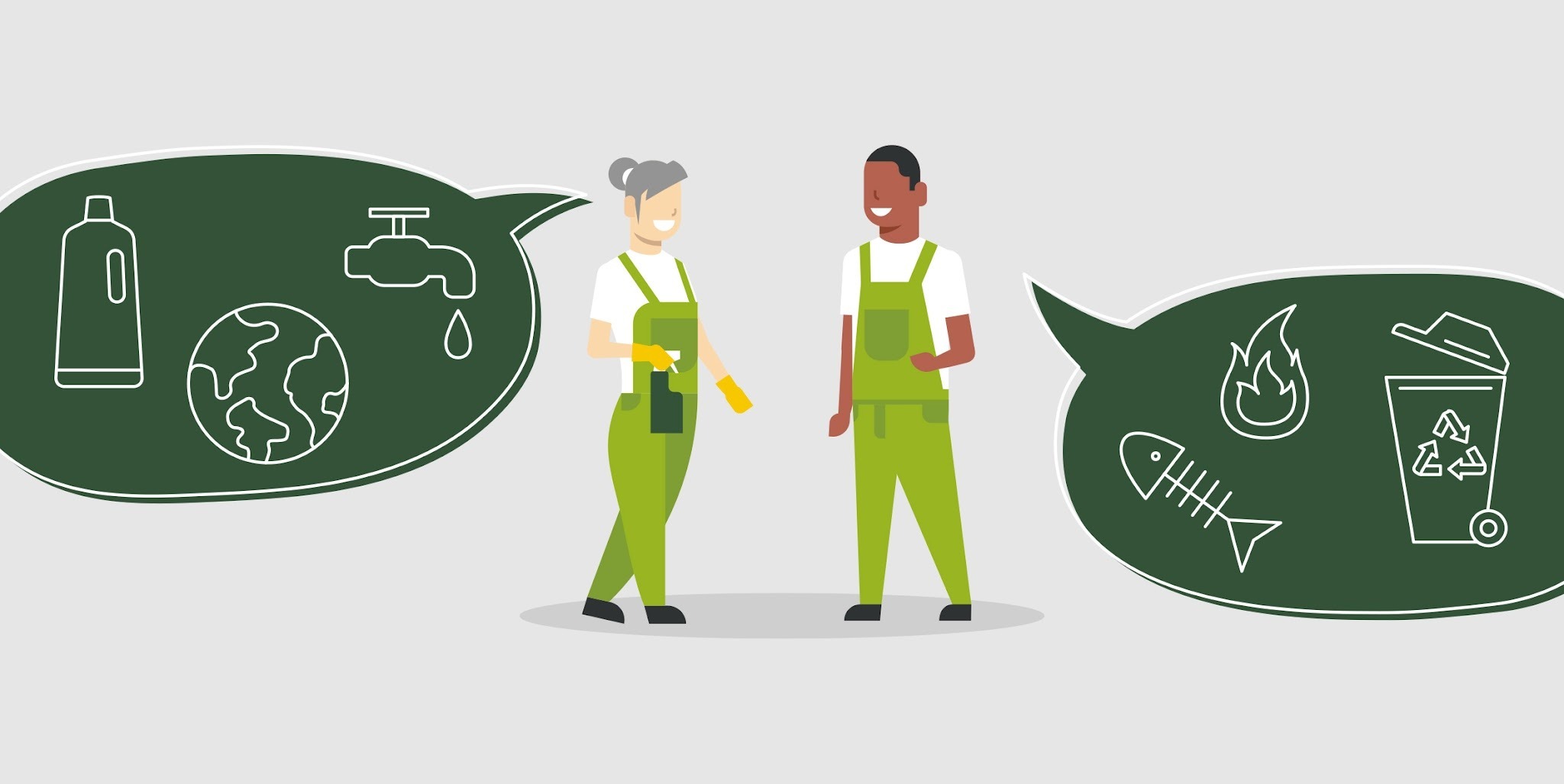 Illustration of two cleaning assistants surrounded by symbols representing green cleaning: eco-friendly cleaning products, water conservation, and waste sorting.