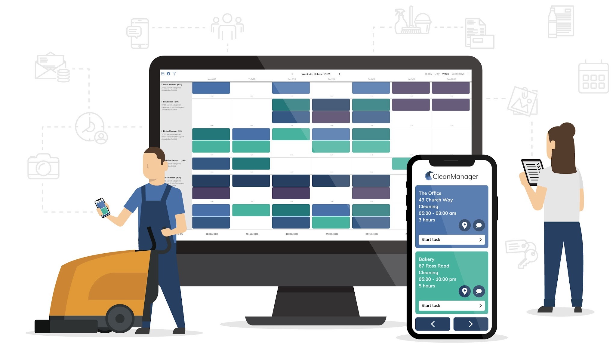 Illustration of CleanManager’s shift scheduling system displayed on a computer screen and in the mobile app, used by cleaning staff working in the field.