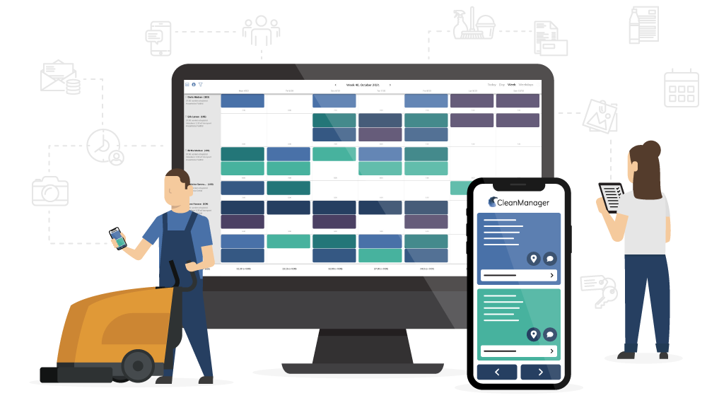 Cleaning staff and manager using digital devices and the cleanmanager software