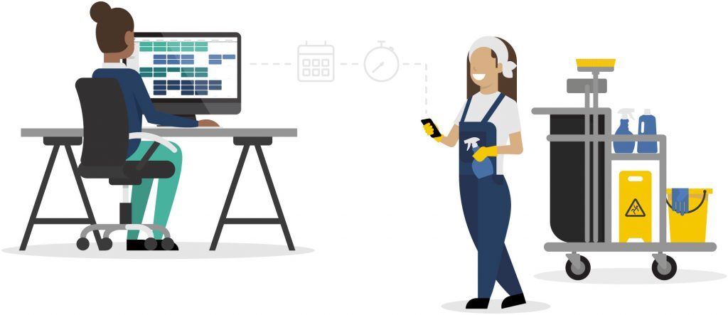 Employer and employee using cleaning business software for administration, quality control and documentation